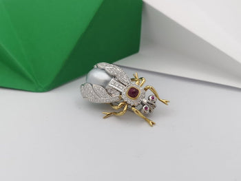 SJ1406 - Pearl, Cabochon Ruby, Diamond Bee Brooch Set in 18 Karat White Gold Settings