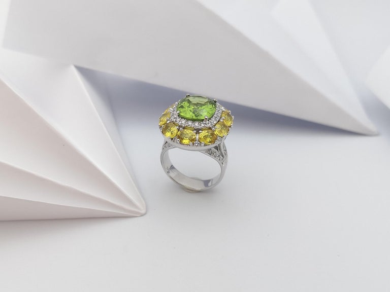 SJ1238 - Cushion Cut Peridot, Yellow Sapphire with Diamond Ring in 18 Karat White Gold