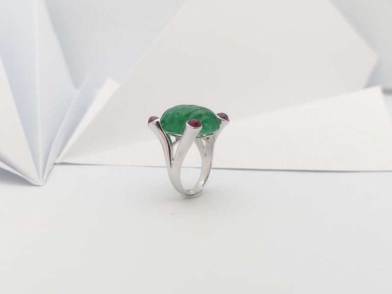 JR0001O - Carved Emerald with Cabochon Ruby Ring Set in 18 Karat White Gold Setting