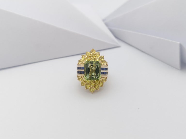 SJ1147 - Green Tourmaline with Blue Sapphire and Yellow Sapphire Ring in 18 Karat Gold