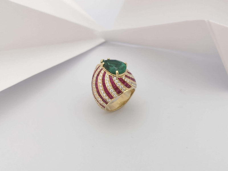 SJ6285 - GIA Certified 4cts Emerald, Ruby and Diamond Ring Set in 18 Karat Gold Settings