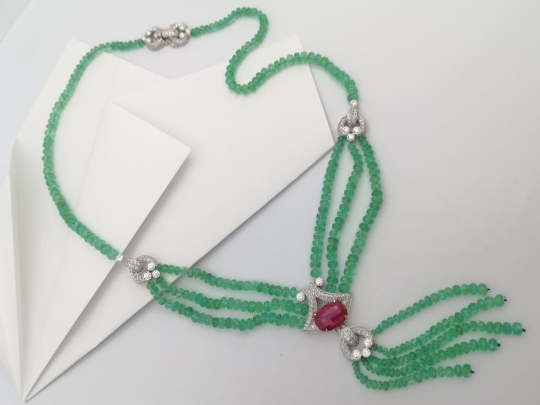 JN0042U - Emerald Beads, Ruby with Diamond Necklace Set in 18 Karat White Gold Settings