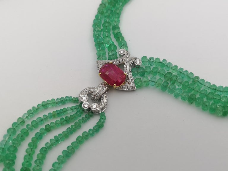 JN0042U - Emerald Beads, Ruby with Diamond Necklace Set in 18 Karat White Gold Settings