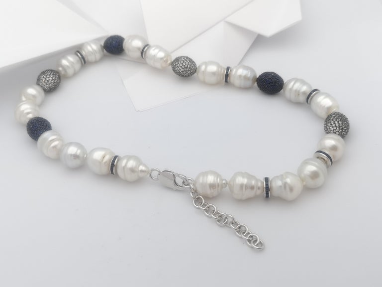 SJ6408 - South Sea Pearl, Blue Sapphire, White Sapphire Necklace set in Silver