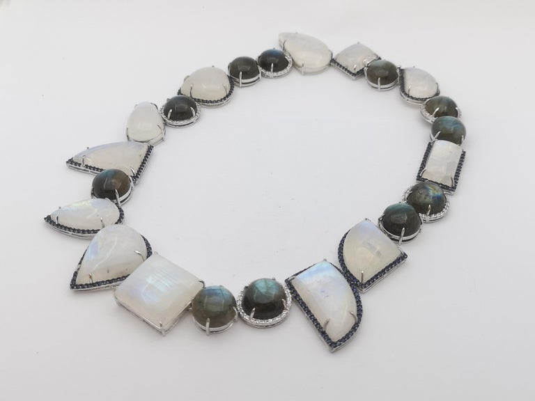 SJ3203 - Moonstone , Labradorite, Blue Sapphire and White Sapphire Necklace set in Silver