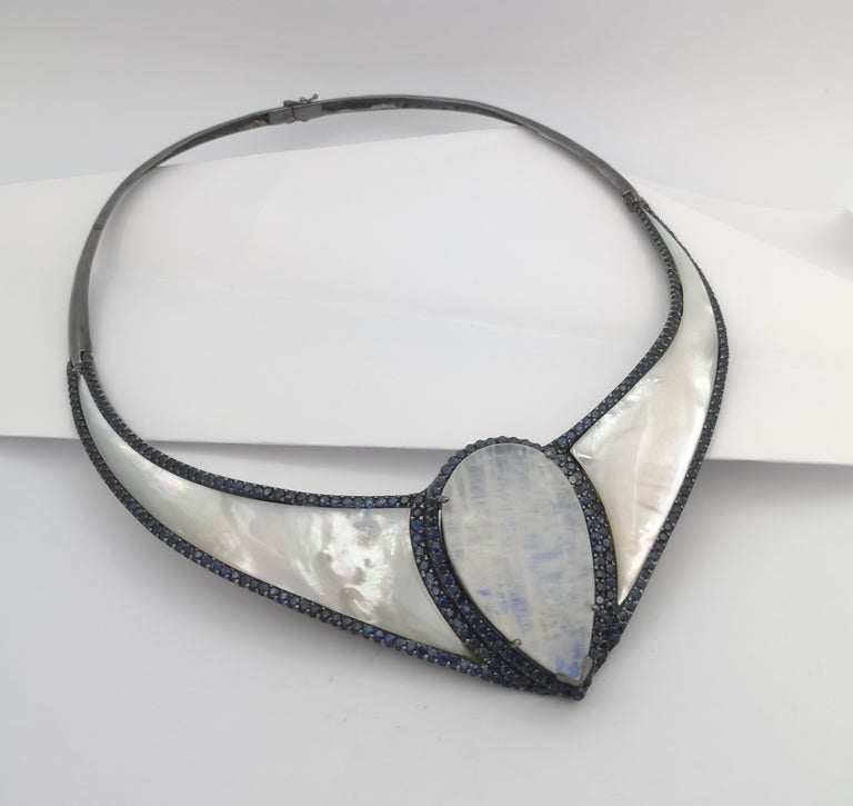 SJ3143 - Mother of Pearl, Moonstone and Blue Sapphire Necklace set in Silver Settings