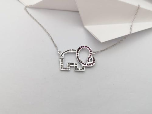 SJ3163 - Ruby and White Sapphire Elephant Necklace set in Silver Settings
