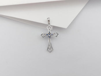 SJ2905 - Blue Sapphire with Diamond Cross Pendant Set in 18 Karat White Gold Settings
