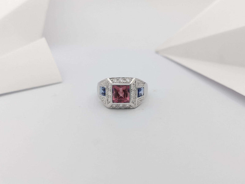 SJ3243 - Pink Tourmaline, Blue Sapphire and Diamond Ring in 18 Karat White Gold Settings