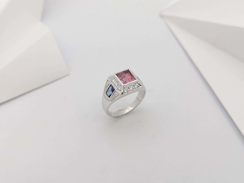 SJ3243 - Pink Tourmaline, Blue Sapphire and Diamond Ring in 18 Karat White Gold Settings