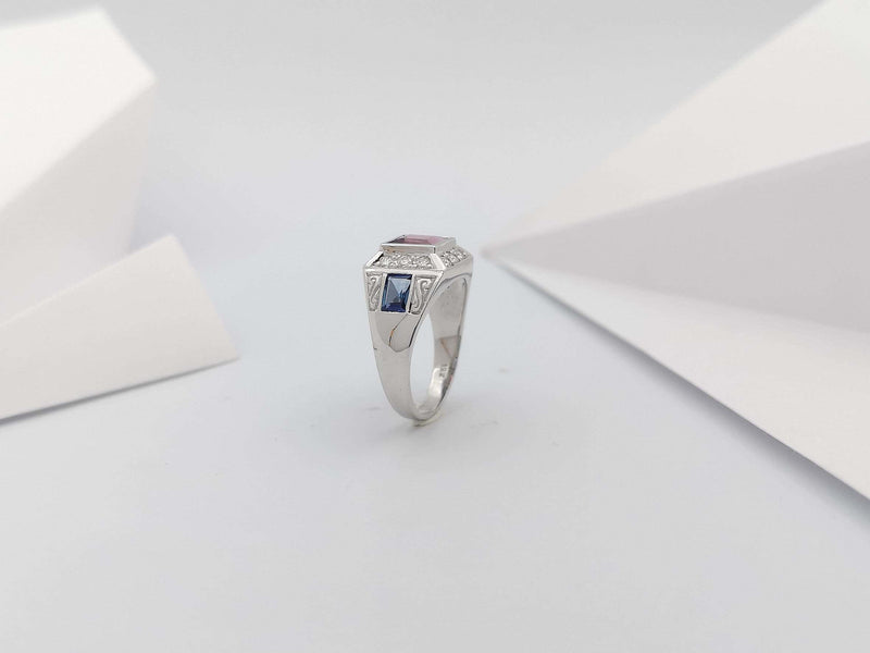 SJ3243 - Pink Tourmaline, Blue Sapphire and Diamond Ring in 18 Karat White Gold Settings