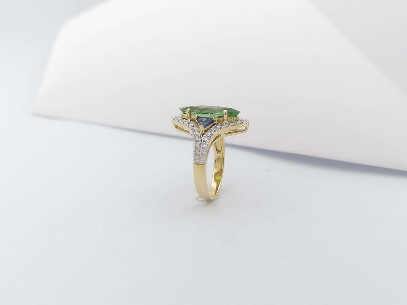 SJ3243 - Green Tourmaline, Blue Sapphire and Brown Diamond Ring in 18 Karat Gold Settings