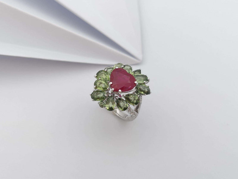 SJ2278 - Heart Shape Ruby, Green Sapphire and Diamond Ring Set in 18 Karat White Gold