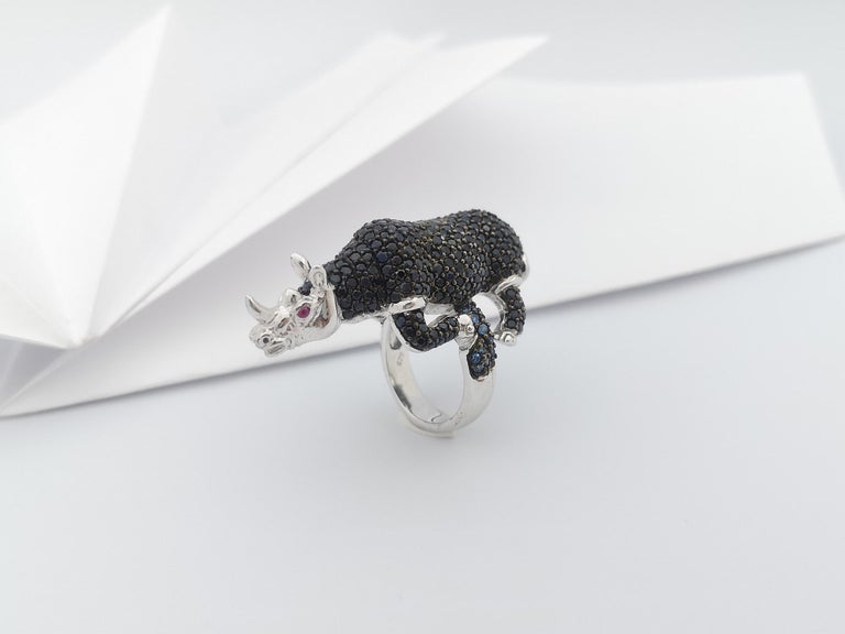 SJ3043 - Blue Sapphire, Ruby and Black Sapphire Rhinoceros Ring set in Silver Settings