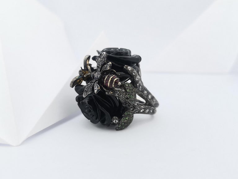 SJ3083 - Onyx, White Sapphire, Tsavorite, Yellow Sapphire and Ruby Ring in Silver Setting