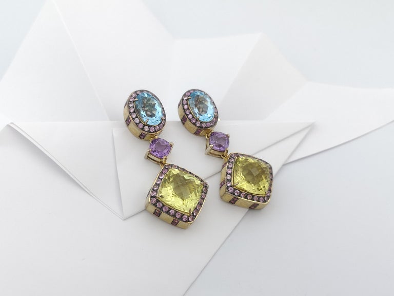 SJ3015 - Lemon Quartz, Blue Topaz, Amethyst and Sapphire Earrings set in Silver Settings
