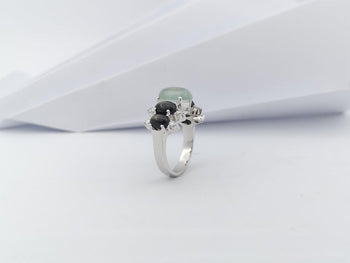 SJ3063 - Prehnite, Black Star Sapphire and Cubic Zirconia Ring set in Silver Settings