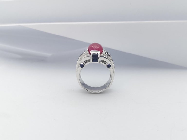SJ2066 - Cabochon Ruby, Blue Sapphire and Diamond Ring Set in 18 Karat White Gold Setting