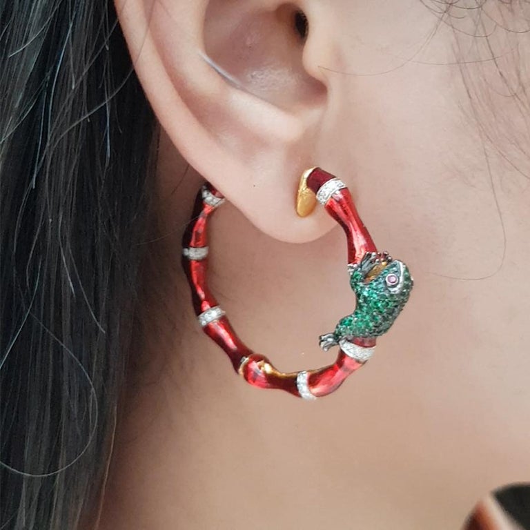 SJ2166 - Tsavorite with Ruby and Diamond Frog Earrings Set in 18 Karat Gold Settings