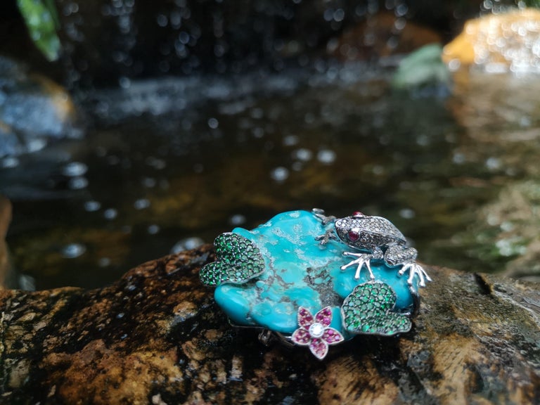 SJ3123 - Turquoise, Tsavorite, Ruby, Brown Diamond and Diamond Frog Brooch Set in 18K