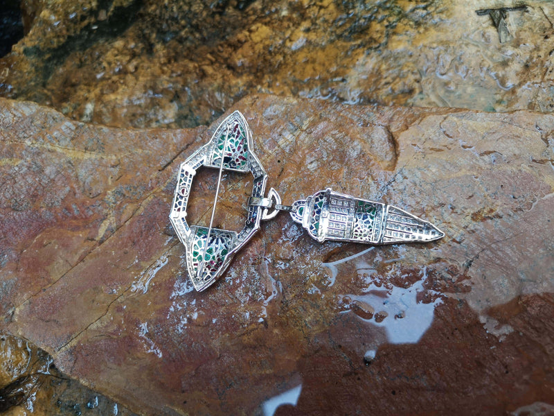 SJ2447 - Emerald, Ruby, Blue Sapphire with Diamond Brooch Set in 18 Karat White Gold