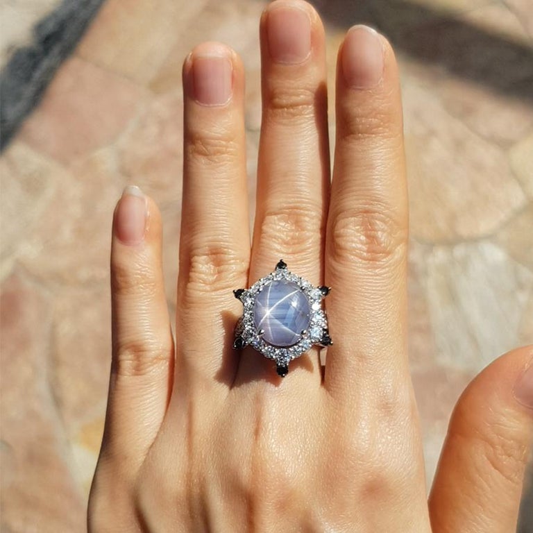 SJ1855 - Blue Star Sapphire with Diamond and Black Diamond Ring in 18 Karat White Gold