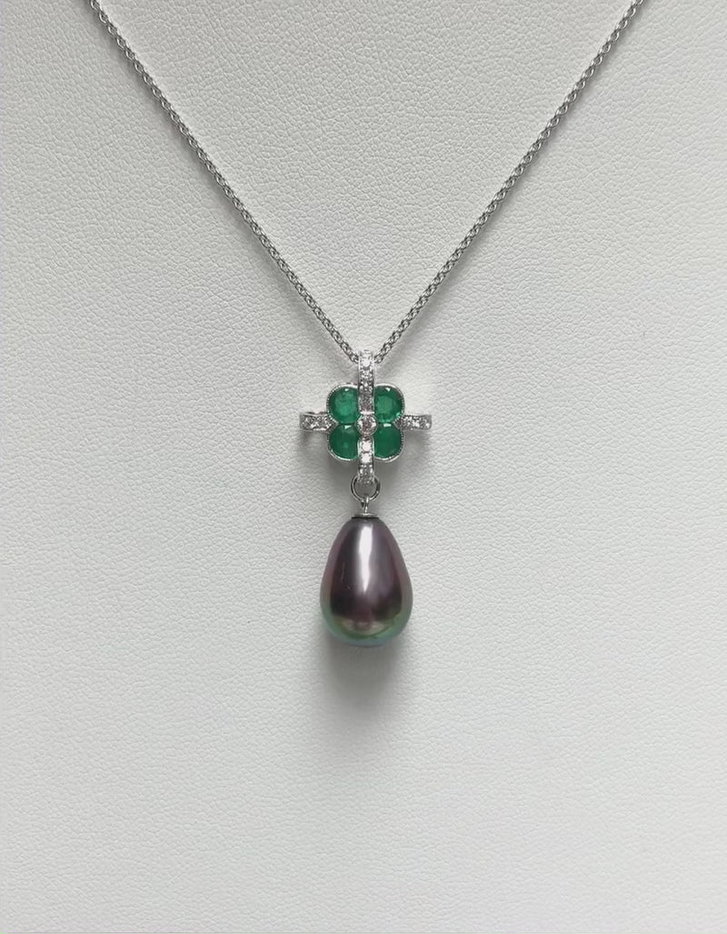 SJ1194 - South Sea Pearl with Emerald and Diamond Pendant Set in 18 Karat White Gold Set