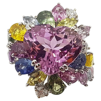 SJ1487 - Heart Kunzite with Multi-Color Sapphire, Tsavorite Ring Set in 18K White Gold