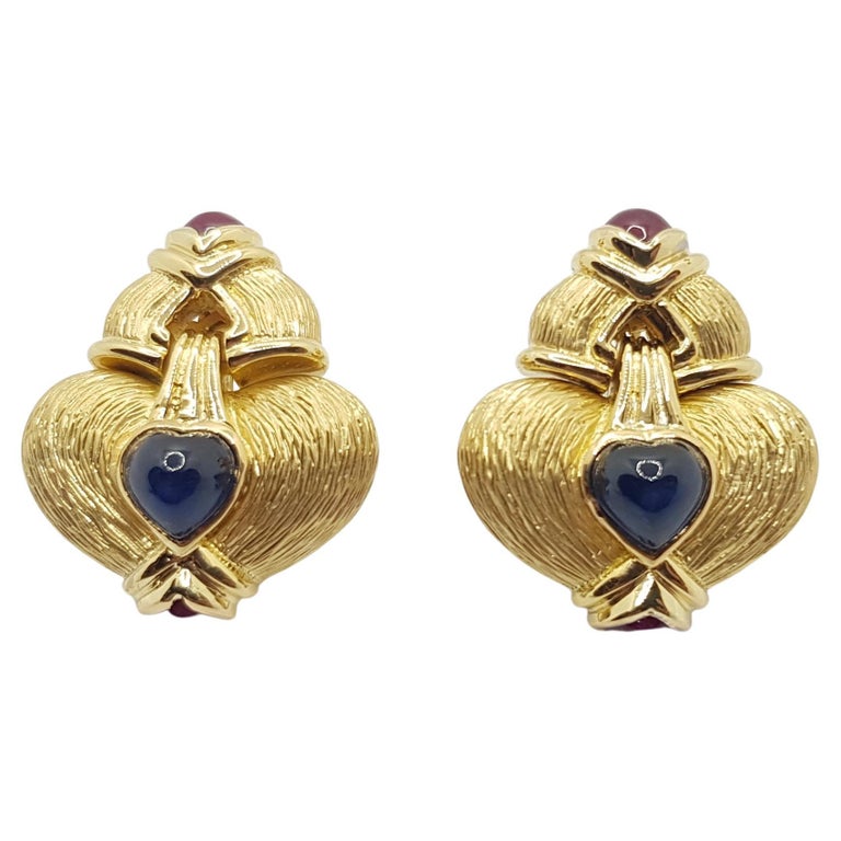 SJ1239 - Cabochon Ruby with Cabochon Blue Sapphire Earrings Set in 18 Karat Gold Settings