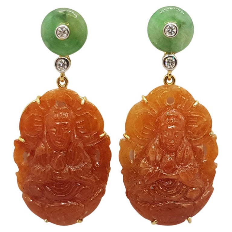 JE0160P - Carved Orange Jade, Green Jade and Diamond Earrings Set in 18 Karat Gold Settings
