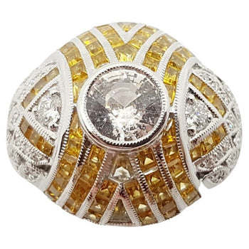 SJ2753 - White Sapphire with Yellow Sapphire and Diamond Ring Set in 18 Karat White Gold
