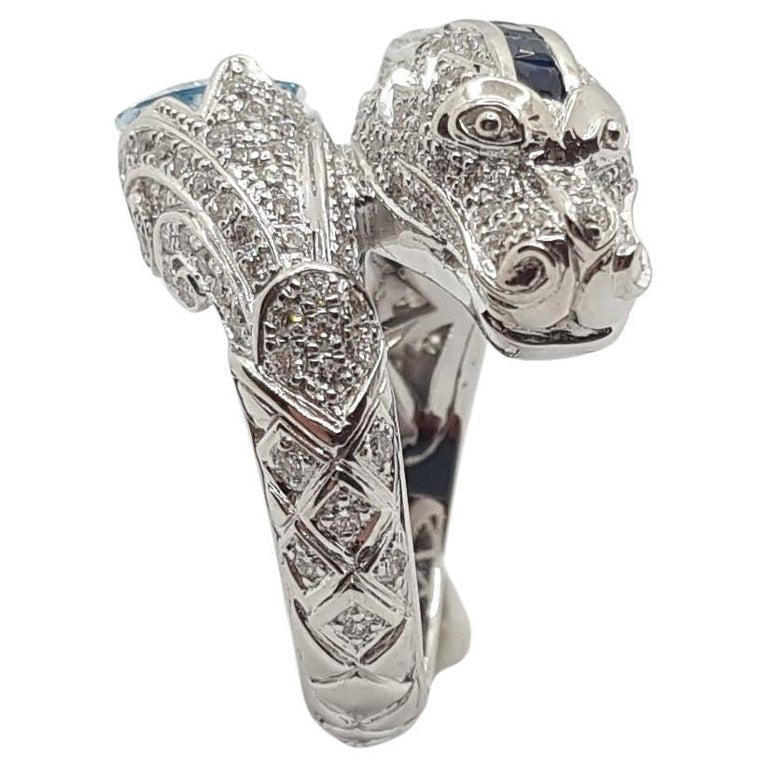 SJ1166 - Aquamarine, Blue Sapphire and Diamond Dragon Ring in 18 Karat White Gold