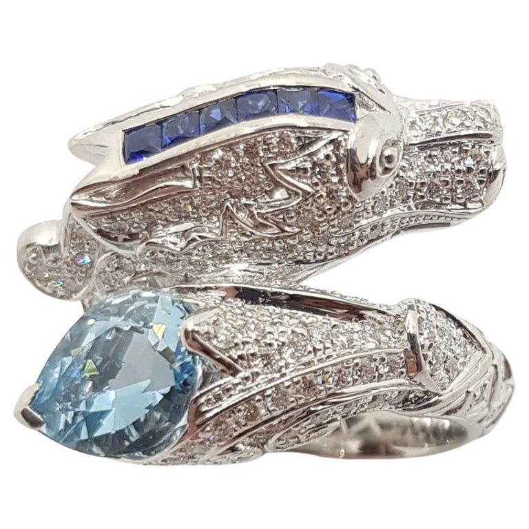 SJ1166 - Aquamarine, Blue Sapphire and Diamond Dragon Ring in 18 Karat White Gold