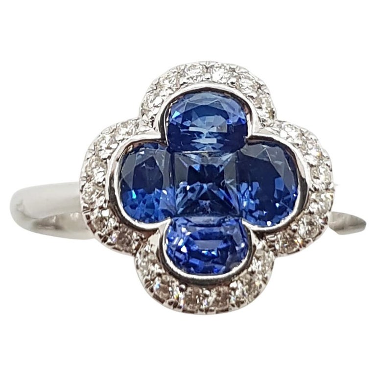 SJ1336 - Blue Sapphire with Diamond Clover Ring Set in 18 Karat White Gold Settings