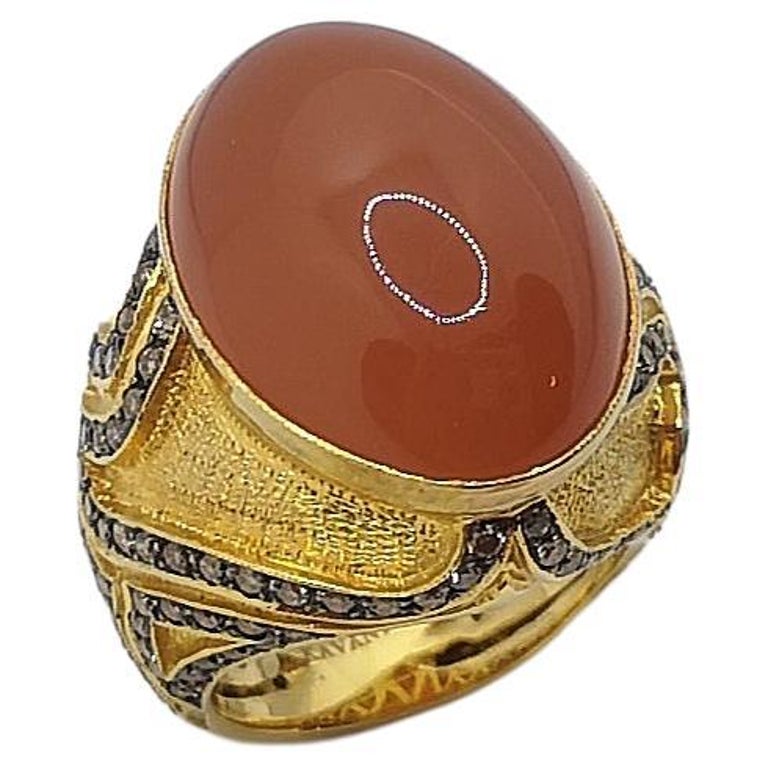 SJ1153 - Moonstone with Brown Diamond Ring Set in 18 Karat Gold Settings