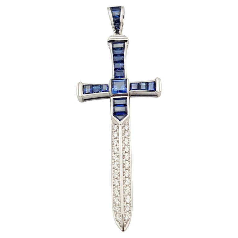 SJ1306 - Blue Sapphire with Diamond Sword Pendant Set in 18 Karat White Gold Settings