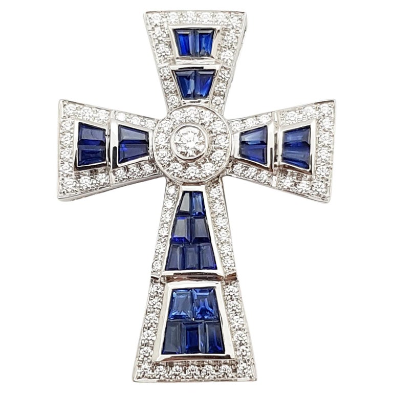 SJ1257 - Blue Sapphire with Diamond Cross Pendant Set in 18 Karat White Gold Settings