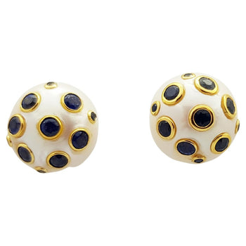 JE0130P - Fresh Water Pearl & Blue Sapphire Earrings Set in 18 Karat Gold Setting
