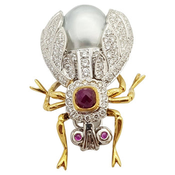 SJ1406 - Pearl, Cabochon Ruby, Diamond Bee Brooch Set in 18 Karat White Gold Settings