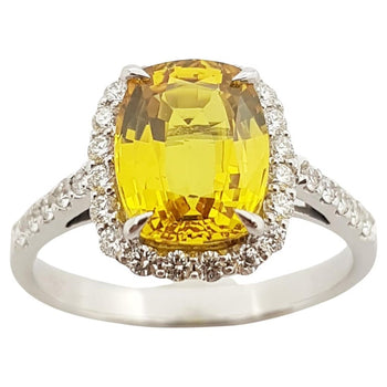 SJ2697 - Cushion Cut Yellow Sapphire with Diamond Halo Ring Set in 18 Karat White Gold