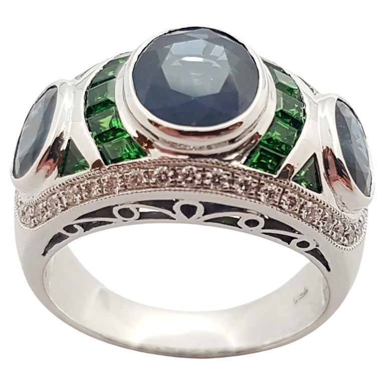SJ1148 - Blue Sapphire, Tsavorite and Diamond Ring Set in 18 Karat White Gold Settings