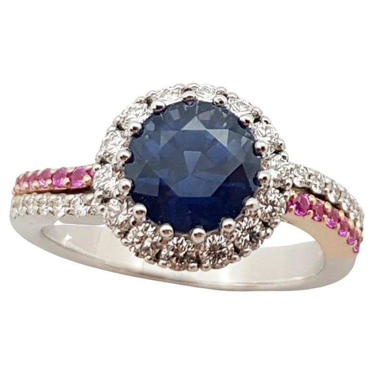 SJ2905 - Blue Sapphire, Pink Sapphire and Diamond Engagement Ring Set in 18K White Gold