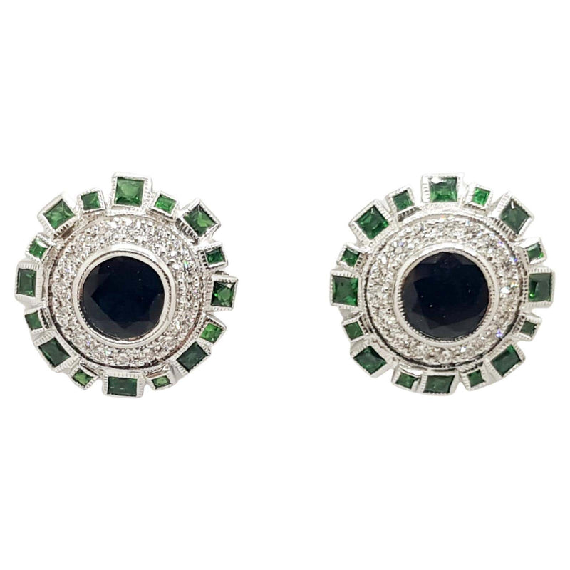 JE0303P - Blue Sapphire, Tsavorite and Diamond Earrings in 18 Karat White Gold Setting