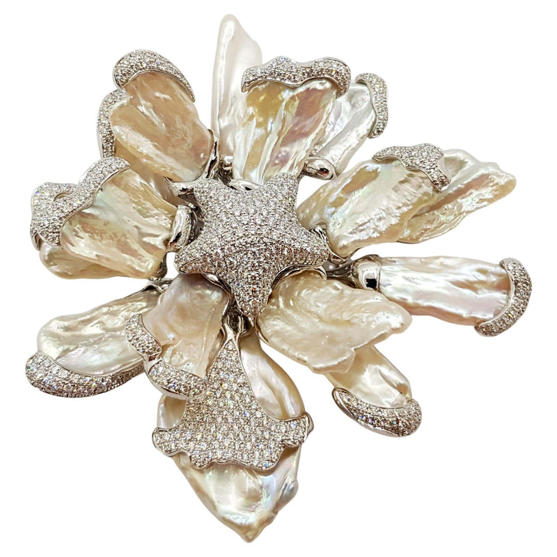 SJ2286 - Fresh Water Pearl with Diamond Flower Brooch Set in 18 Karat White Gold Settings