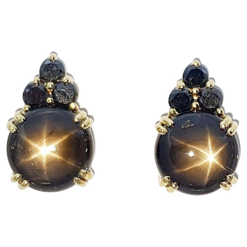 SJ2690 - Black Star Sapphire with Black Diamond Earrings Set in 18 Karat Gold Settings