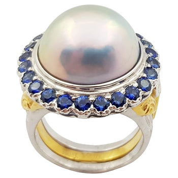 JR0231U - Mabe Pearl & Blue Sapphire Ring Set in 18 Karat White Gold Setting