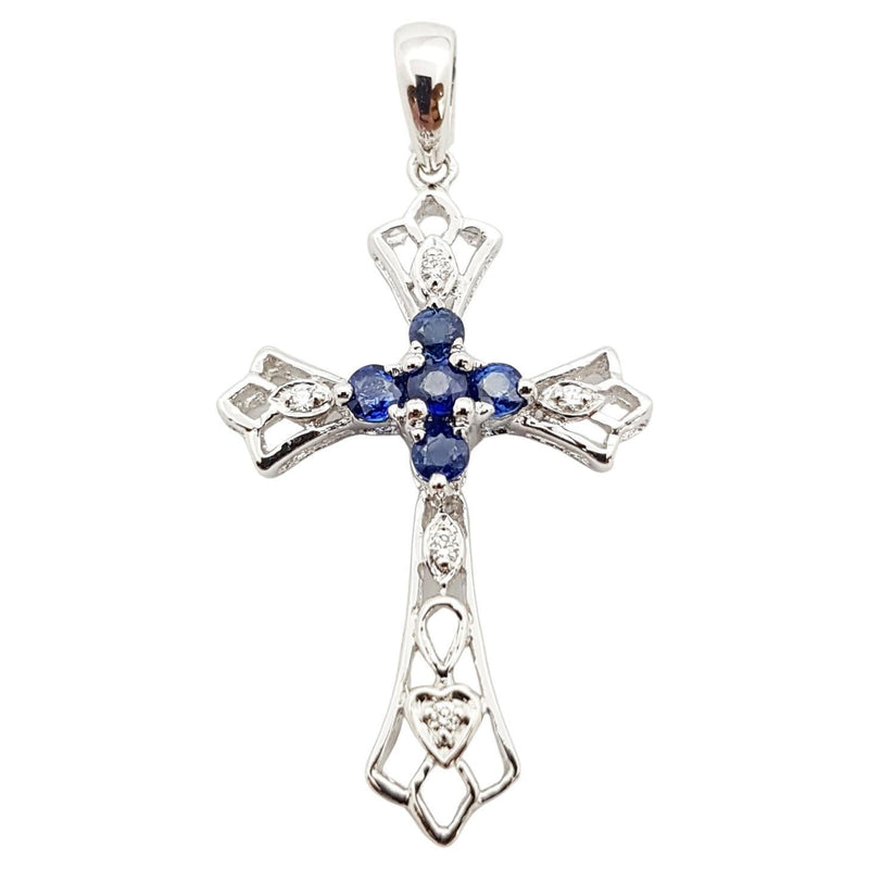 SJ2625 - Cabochon Ruby with Blue Sapphire and Diamond Cross Pendant Set in 18 Karat Gold