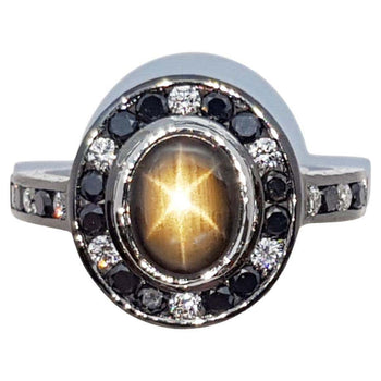 JR0070O - Black Star Sapphire with Black & White Diamond Ring in 18 Karat White Gold