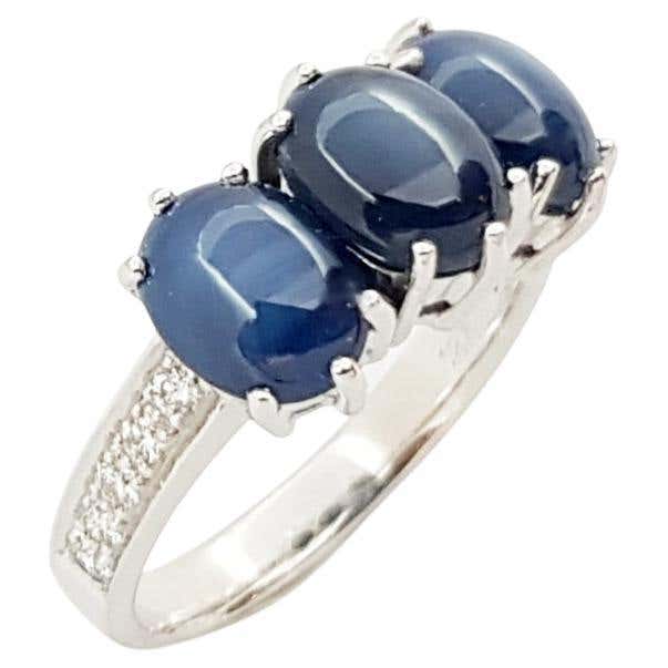 JR0040O - Blue Star Sapphire & Diamond Ring Set in 18 Karat White Gold Setting