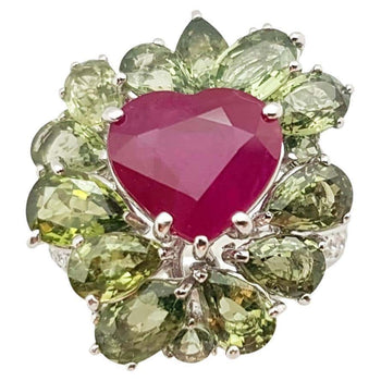 SJ2278 - Heart Shape Ruby, Green Sapphire and Diamond Ring Set in 18 Karat White Gold